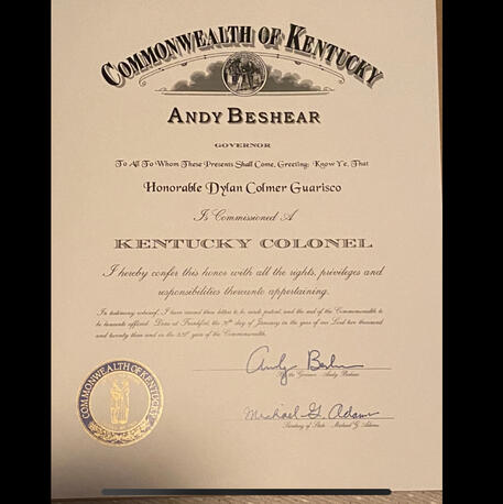 Colonel Dylan’s Certificate.